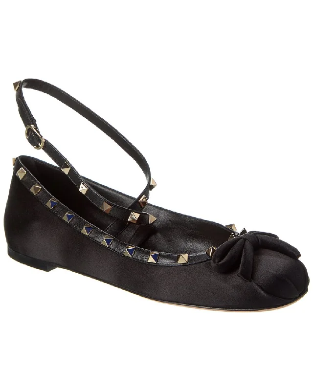 Valentino Rockstud Satin & Leather Flat