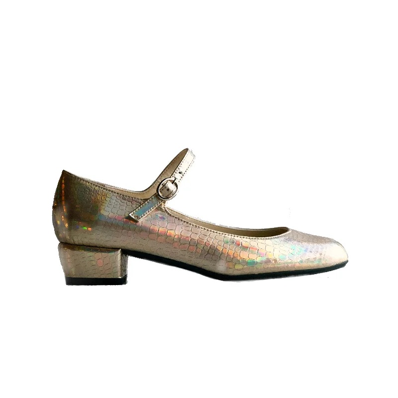 'Gracie' Mary-Jane Vegan Low-Heels by Zette Shoes - Holographic Platinum