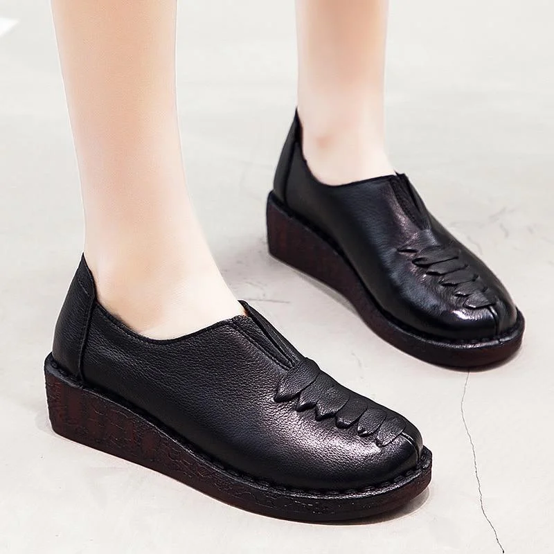 Spring Retro Fashion Ladies Handmade Soft Genuine Leather Flats Loafers