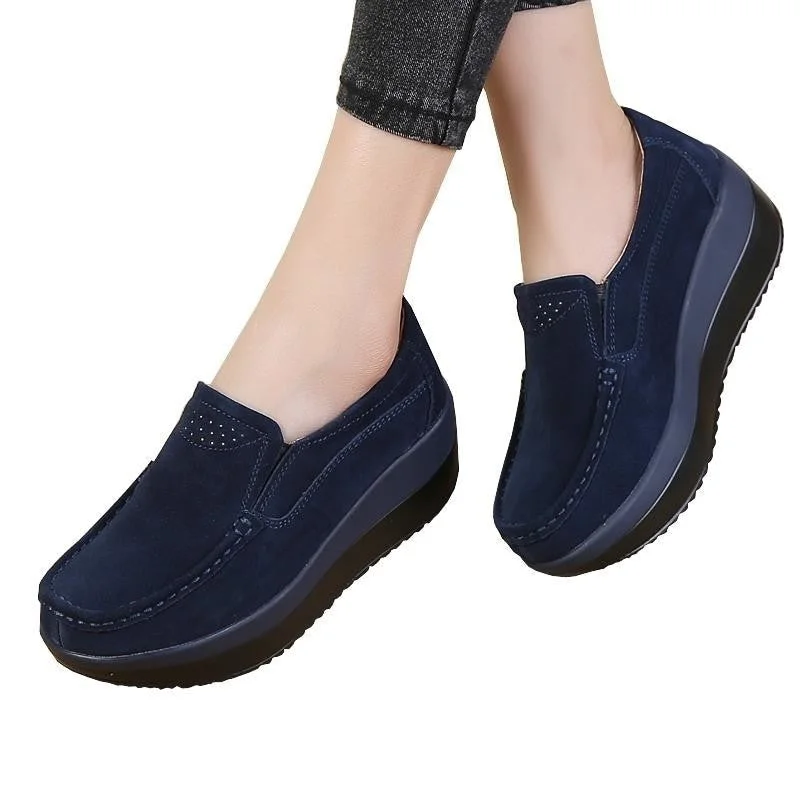 Women's Elegant Suede Leather Moccasins Flat Slip-On Platform Loafers